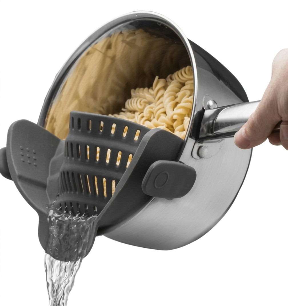 Adjustable Silicone Clip-On Strainer for Pots & Pans | Handheld Pasta & Noodle Drainer