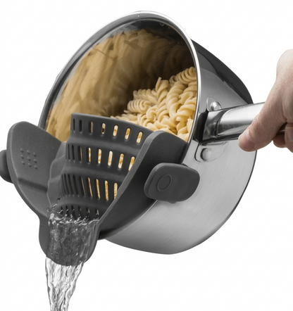 Adjustable Silicone Clip-On Strainer for Pots & Pans | Handheld Pasta & Noodle Drainer