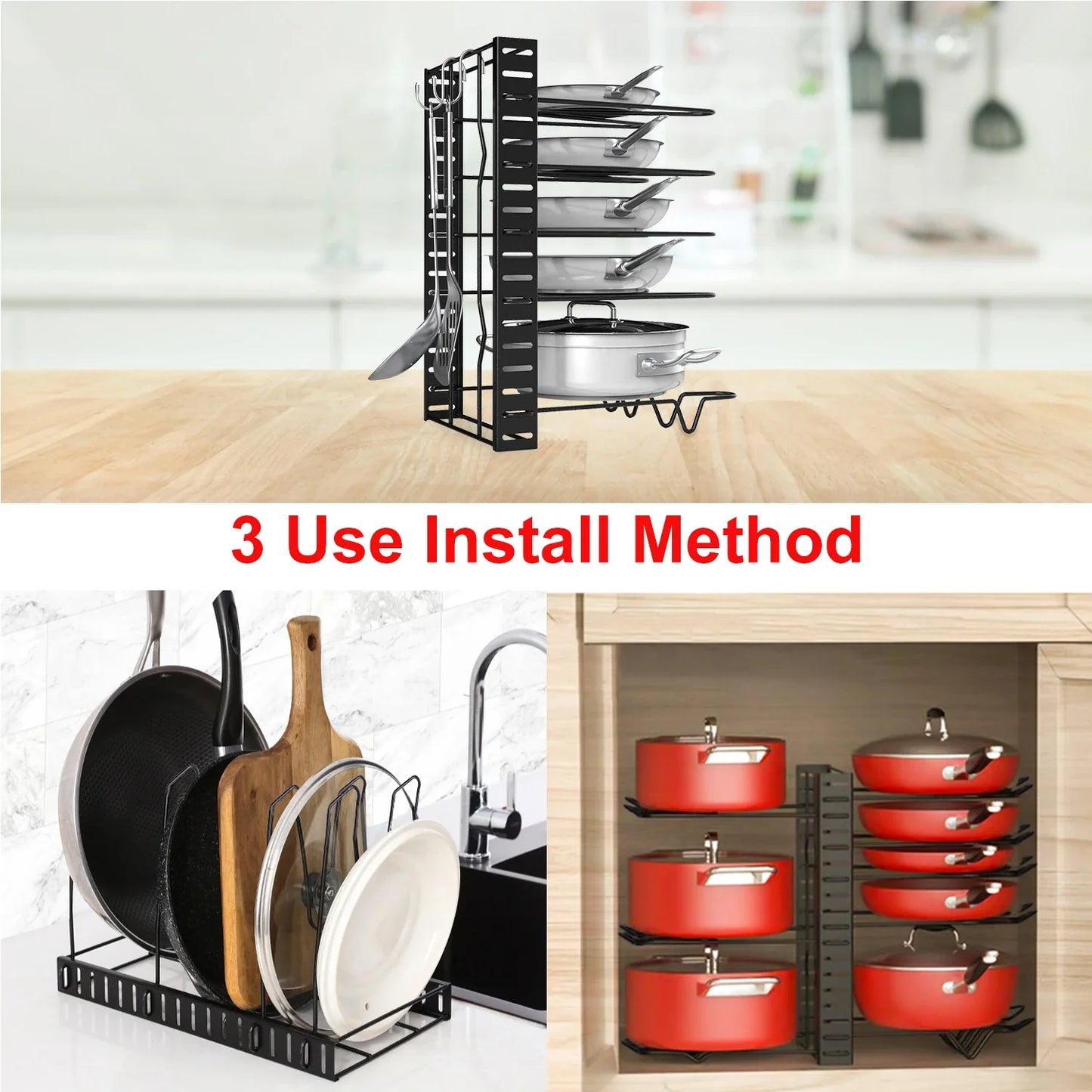 8-Tier Adjustable Metal Pot Rack Organizer – Durable Space-Saving Kitchen Cabinet Holder