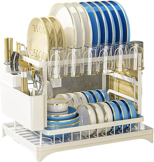 2-Tier Kitchen Countertop Dish Drying Rack with Drip Tray – Metal Dish Drainer