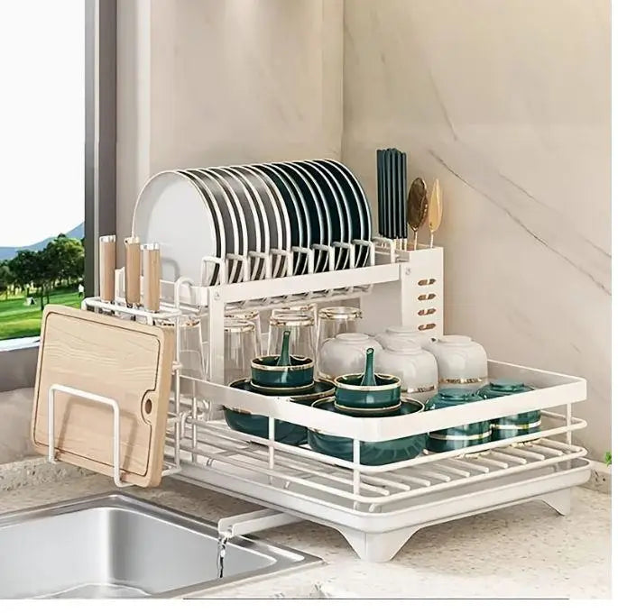 Double-Tier Extendable Dish Drainer – Large-Capacity Kitchen Utensil Rack & Draining Board