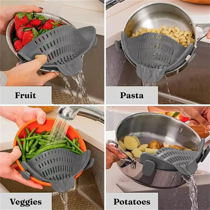Adjustable Silicone Clip-On Strainer for Pots & Pans | Handheld Pasta & Noodle Drainer