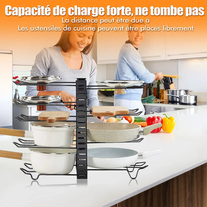 8-Tier Adjustable Metal Pot Rack Organizer – Durable Space-Saving Kitchen Cabinet Holder