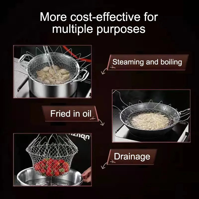 Stainless Steel Foldable Fryer Basket & Food Strainer | Multipurpose Kitchen Tool