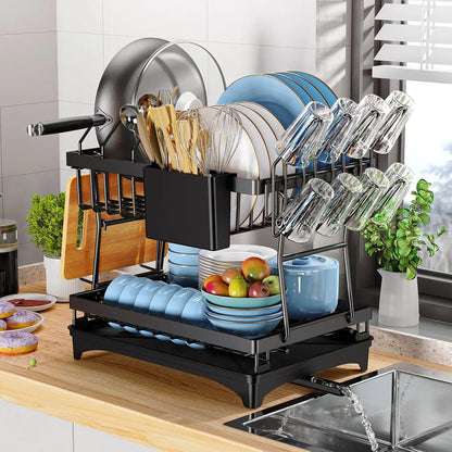 2-Tier Kitchen Countertop Dish Drying Rack with Drip Tray – Metal Dish Drainer