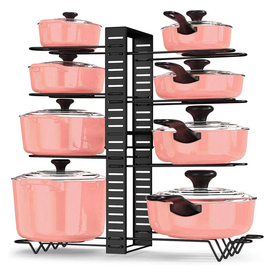 8-Tier Adjustable Metal Pot Rack Organizer – Durable Space-Saving Kitchen Cabinet Holder