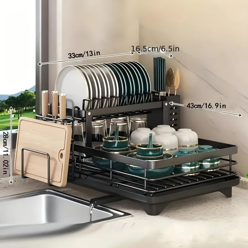 Double-Tier Extendable Dish Drainer – Large-Capacity Kitchen Utensil Rack & Draining Board
