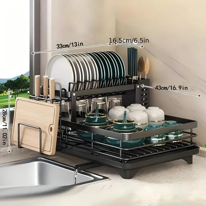 Double-Tier Extendable Dish Drainer – Large-Capacity Kitchen Utensil Rack & Draining Board