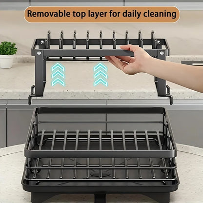 Double-Tier Extendable Dish Drainer – Large-Capacity Kitchen Utensil Rack & Draining Board