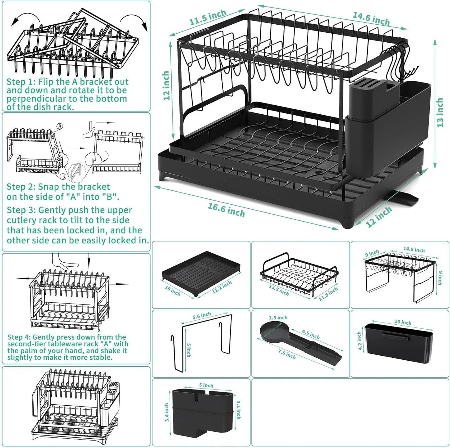 2-Tier Kitchen Countertop Dish Drying Rack with Drip Tray – Metal Dish Drainer