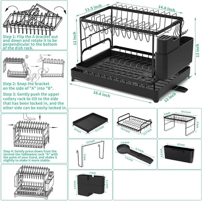 2-Tier Kitchen Countertop Dish Drying Rack with Drip Tray – Metal Dish Drainer