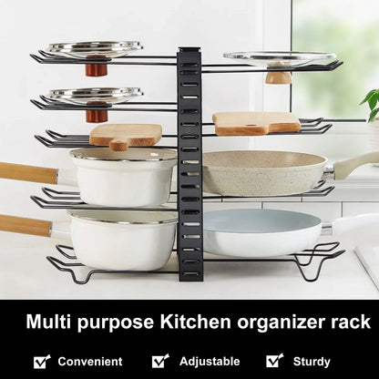 8-Tier Adjustable Metal Pot Rack Organizer – Durable Space-Saving Kitchen Cabinet Holder