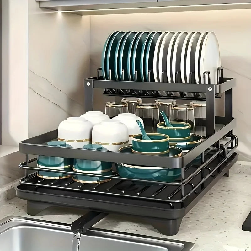 Double-Tier Extendable Dish Drainer – Large-Capacity Kitchen Utensil Rack & Draining Board