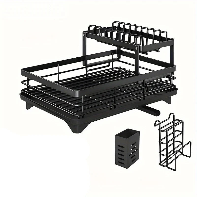 Double-Tier Extendable Dish Drainer – Large-Capacity Kitchen Utensil Rack & Draining Board