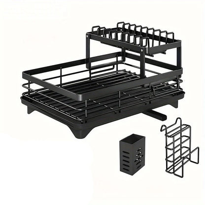 Double-Tier Extendable Dish Drainer – Large-Capacity Kitchen Utensil Rack & Draining Board
