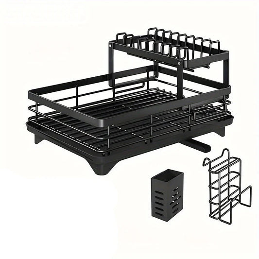 Double-Tier Extendable Dish Drainer – Large-Capacity Kitchen Utensil Rack & Draining Board
