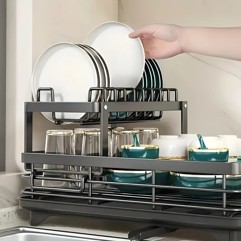 Double-Tier Extendable Dish Drainer – Large-Capacity Kitchen Utensil Rack & Draining Board