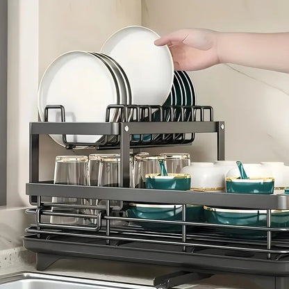Double-Tier Extendable Dish Drainer – Large-Capacity Kitchen Utensil Rack & Draining Board