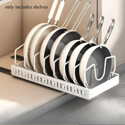Adhesive under cabinet organizer for storing pots pans and lids