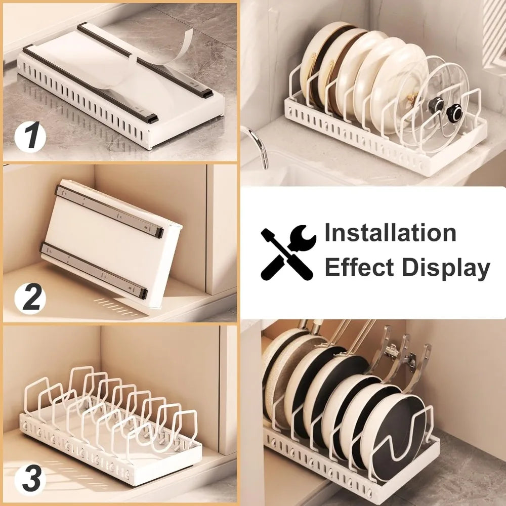 Kitchen cabinet pull out organizer rack for pots and pan storage