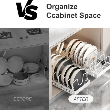 Durable metal pot and pan organizer rack for kitchen cabinets