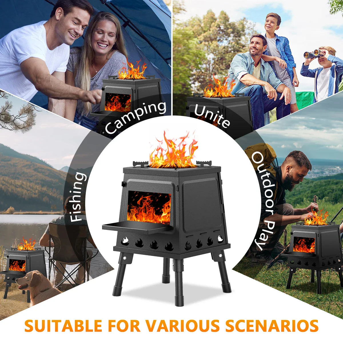 Outdoor portable wood stove for camping BBQ fishing and picnic cooking