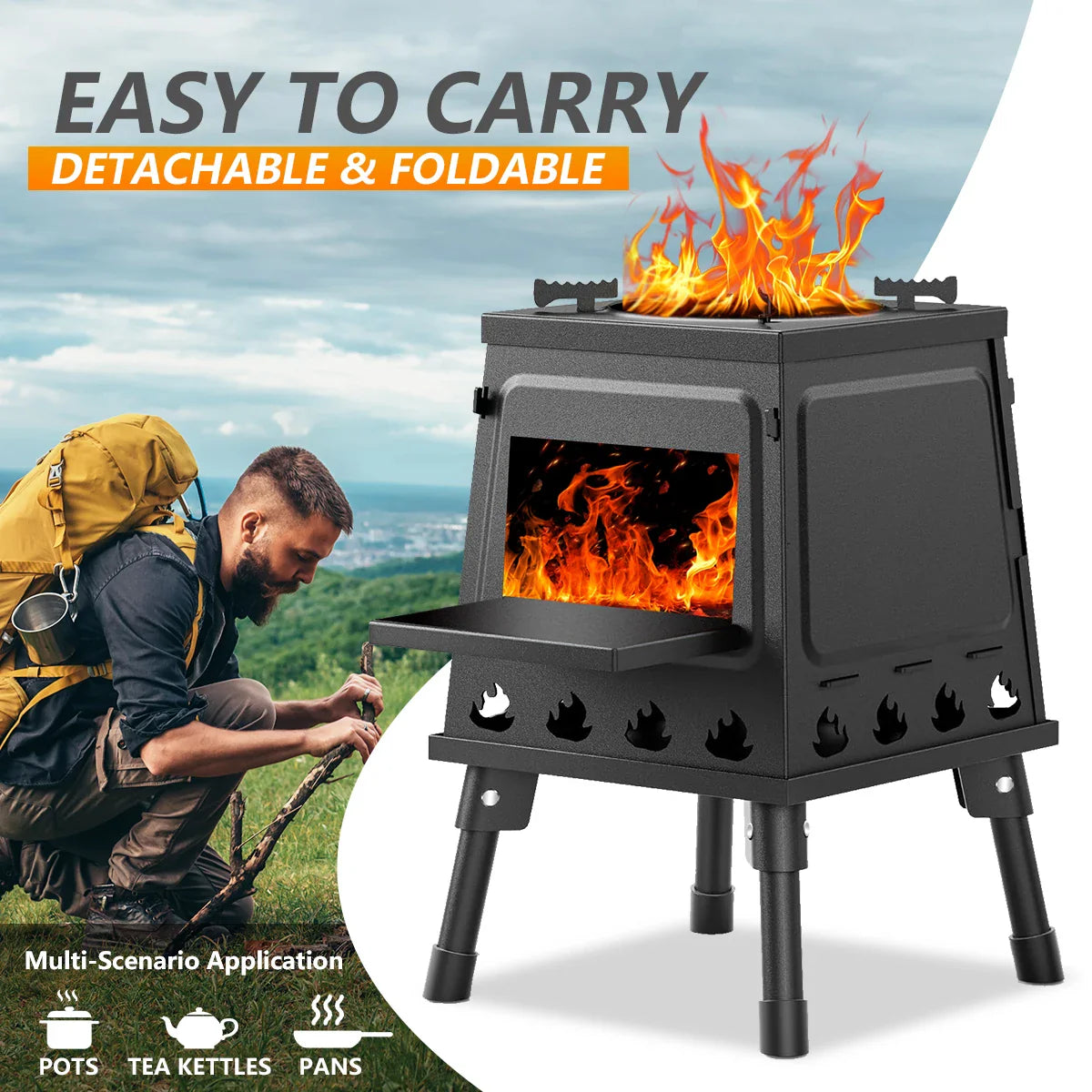 Outdoor portable wood stove for camping BBQ fishing and picnic cooking