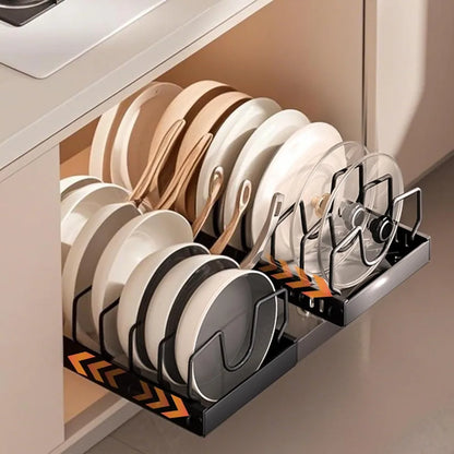 Pull out pot lid organizer rack for kitchen cabinet organization