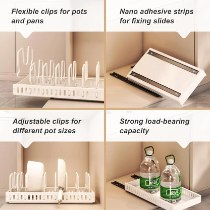 Under cabinet cookware organizer for pots pans and lids